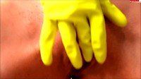 Yellow rubber glove handjob